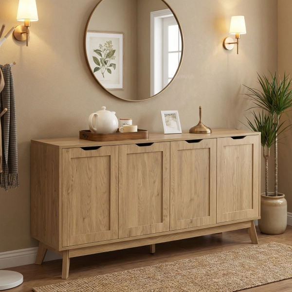 Nordica Large Buffet Sideboard Cabinet with Storages, 60" Modern Buffet Table Coffee Bar Wine Bar Storage Cabinet with 4 Doors for Dining Room, Living Room, Hallway, Oak