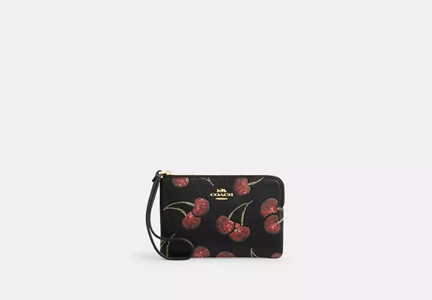 Gold/Black Multi Corner Zip Wristlet With Cherry Print