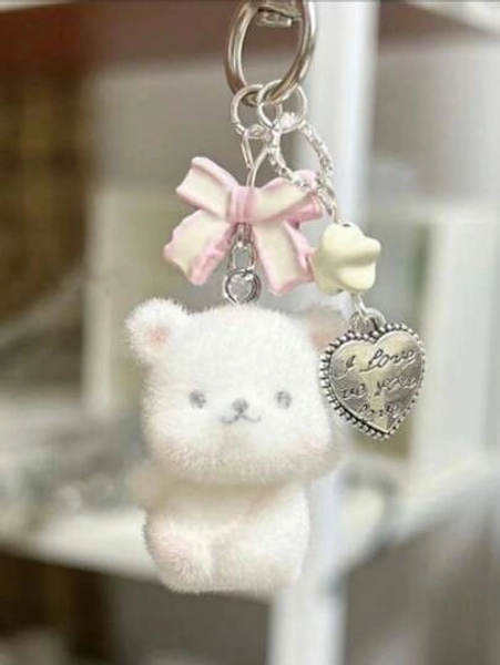 1pc Unisex Cartoon Flocked Small Bear Keychain, Cute Bowknot, Heart, Star Pendant, Cartoon Accessories Bag Charm