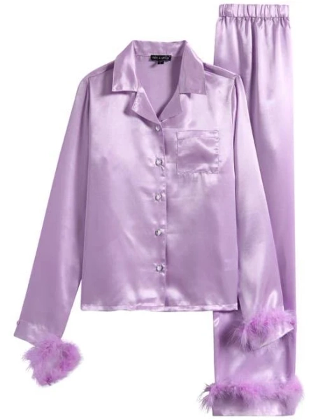 Ava & Yelly Kids' Faux Fur Trim Satin Pajamas