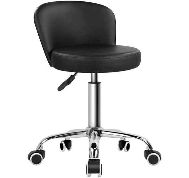 KKTONER - Rolling Vanity Chair with Backrest Height Adjustable Office Chair PU Leather Swivel Drafting Stool with Wheels - Black