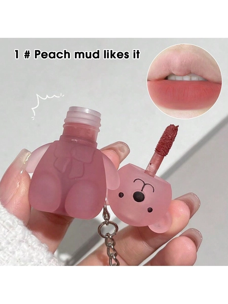 Bear Pattern Keychain Lip Gloss,Silky Matte Finish Lip Mud Long-Lasting Matte Liquid Lipstick Highly Pigmented Lip Gloss Y2K Make Up