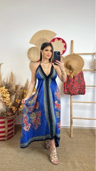 Vestido Indiano Longo Boho Costas Nadador com Alcinha, Toque de Seda - Hazel