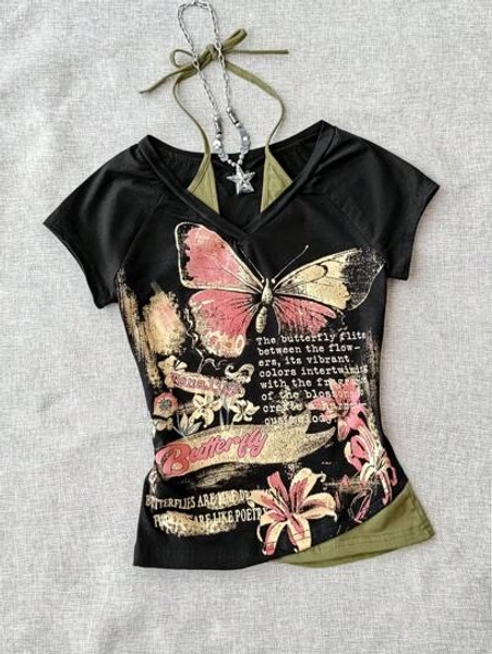 SHEIN EZwear Grunge Goth Summer Western Vintage Butterfly Slogan Print Top