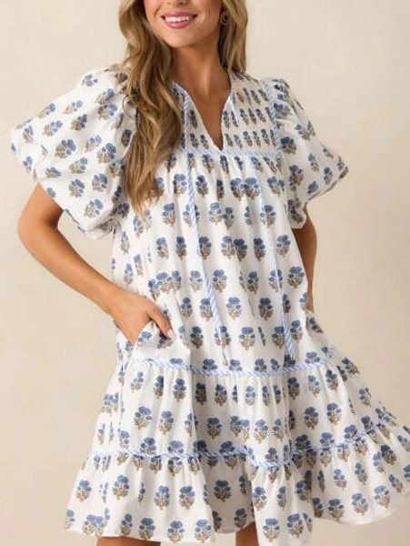 Women V Neck Floral Print Short Dress Summer Slim Fit Short Sleeve Y2K Striped Casual A Line Dresses With Pockets Aesthetic Clothes Beach Streetwear