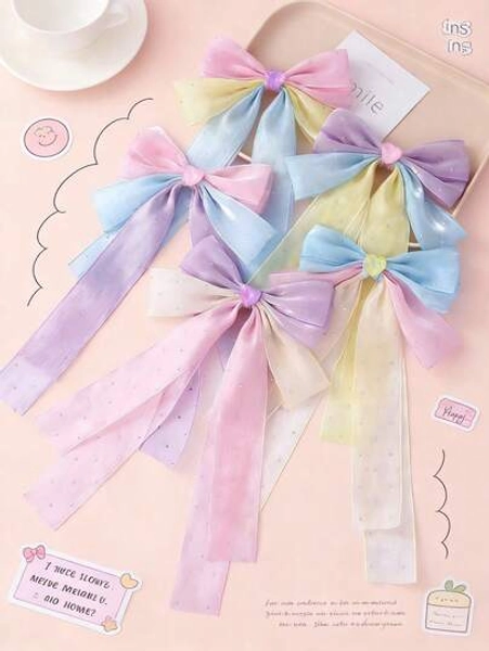 Rainbow Chiffon Bow Hair Clip With Rhinestone Heart Decor (Ombre Color), Chiffon Ribbon At Back, Cute Hair Accessory Suitable For Girls' Daily Wear