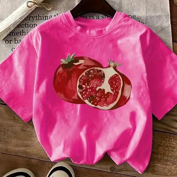 [1pc Plus Size T-Shirt] 1pc Plus Size Women's Stretchy Casual Round Neck Short Sleeve T-Shirt | Knitted Polyester Fabric, Pomegranate Print, Fashion Top for All Seasons