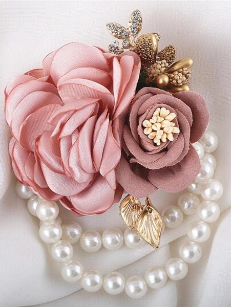 1pc Women Flower & Faux Pearl Decor Elegant Bridal Wrist Corsage For Wedding Valentine's Day Accessories