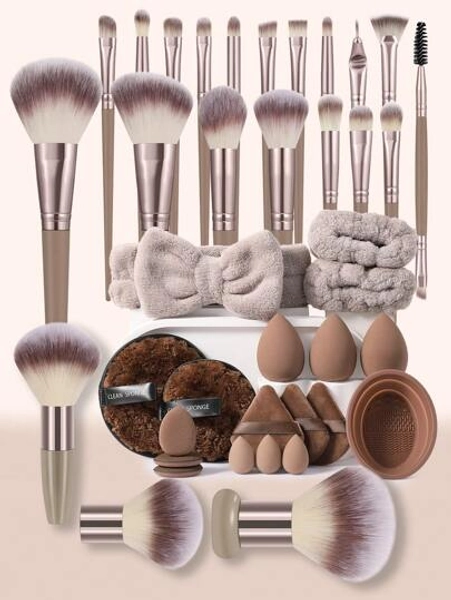 39PCS All-In-One Premium Professional Makeup Tools Set – 21Pcs Synthetic Fiber Brush Set, 3Pcs Makeup Sponges, 3Pcs Mini Makeup Sponges, 3Pcs Triangle Powder Puffs, 3Pcs Mini Air Cushion Puffs, 2Pcs Facial Cleansing Sponges, Hairband, 2Pcs Hand Bowl Straps & Makeup Brush Cleaning Tool | Beginner-Friendly, Travel-Gift Ready Complete Cosmetic Kit For Full Makeup & Skincare Routine