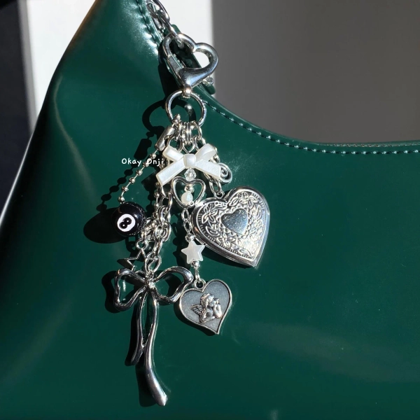 Heart Locket Keychain, 8 Ball Keychain, Y2K Clutter Bag Charm with Cupid/Cherub, Stars, Coquette Bow Charms, Heart Clasp Keychain Accessory