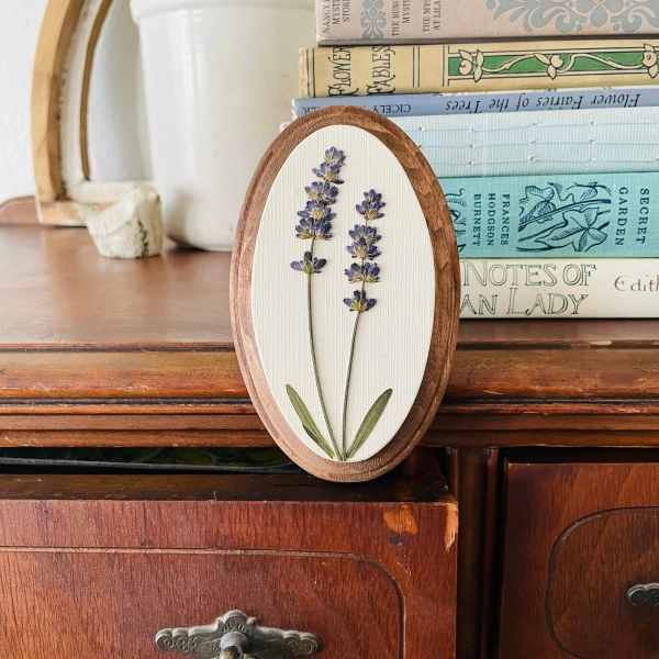 Pressed Lavender Floral Wall Art: Botanical Oval Canvas Hanging