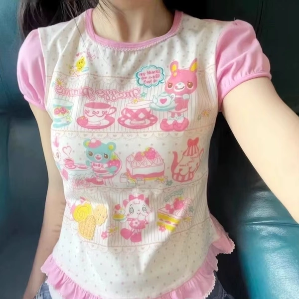 Summer Cute Cartoon Short Sleeve Lace T-Shirt Little Girl's Sweet Heart Soft Style Trendy round Neck Commute Style Slim Fit T... - AliExpress 200000345