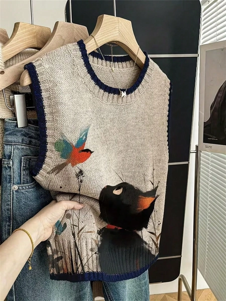 Women's Lightweight Creative Print Sweater - Cute Cat Print, Casual Crew Neck Long Sleeve Vest Top, Suitable For All Seasons, Layered Design, Vibrant Color Combination