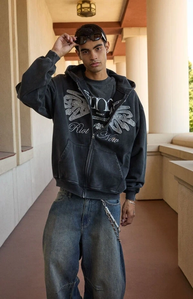 Riot Now Raw Applique Full Zip Hoodie