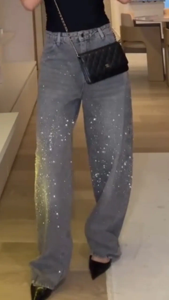 Fashion Star Rhinestone High Rise Casual Pocket Straight Loose Jeans            GZ0926