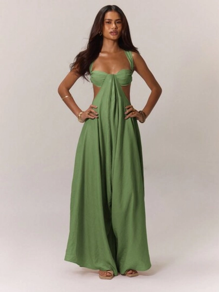 MUSERA Extreme Wide Leg Jumpsuit Draped Front Bust Cups Cut Out Sides Open Back Vacation Boho Western Spring Summer Vacation Beachwear Elegant Ibiza Holiday Wedding Guest Date Night Sexy Evening Bohemian Autumn Winter Green Christmas