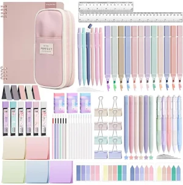 YIBONIKA 80 PCS Aesthetic Stationery Supplies with Pink Pencil Case & Notebook, 12 Pastel Highlighters, 6 Colour Pens, 5 Black Pens, 6 Mechanical