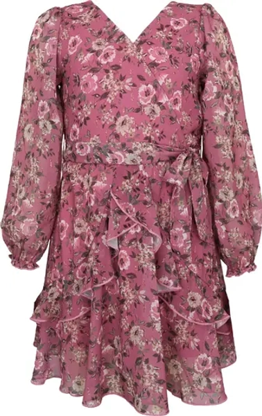 Kids' Metallic Long Sleeve Chiffon Party Dress