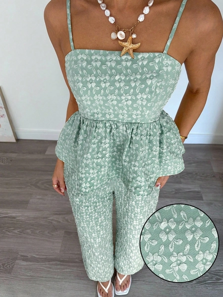 Siren Gaze 2 Pieces Women Summer Jacquard Ruffle Hem Camisole And Pants Set Green Two Piece Set Co Ord Set Summer Summer Two Piece Set Floral Two Piece Set Green Co Ord Set Christmas Vacation Holiday Resort