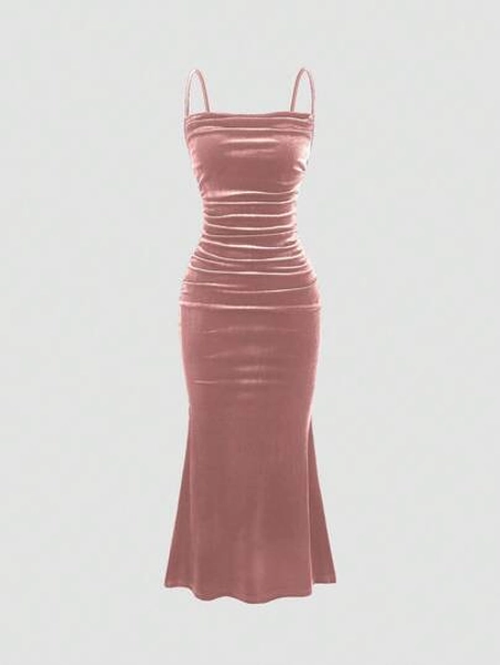 Sweetra 1pc Women Solid Color Ruffle Fishtail Hem Elegant Spaghetti Strap Dress For Holiday Party Clothes Maxi Velvet Women Outfit
