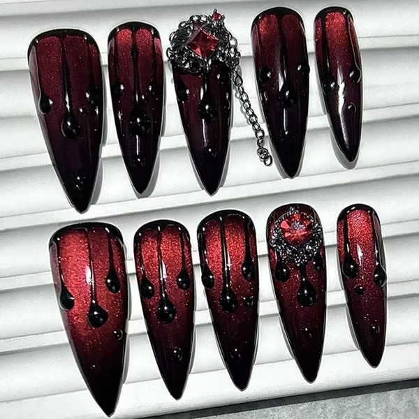 10PCS Dark Blood Red Spicy Girls Long Tip Handmade Press On Nails Red Diamonds Cat Eye Glitter Fake Nails Luxury Chains Nail Art - AliExpress 66