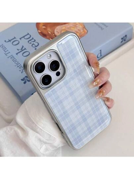Gucadi 1pc Plaid Kpop Sweet Resin Electroplated Silver Edges Phone Case Compatible With Apple/, Minimalist Retro Classic Waterproof Shockproof Anti-Fall Scratch Resistant