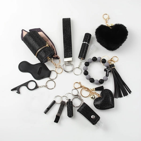 13-Piece Shiny Rhinestone Women's Keychain Set, Women's Safety Protection Keychain Set with Window Breaker, Safety Whistle, Hand Sanitizer Bottle Cover, Perfume Atomizer Bottle, Cross Beaded Bracelet, and PU Tassel