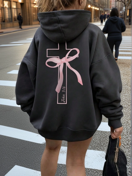 Women's Casual Graphic Print Loose Fit Hooded Sweatshirt With Thermal Lining, Fashion Winter