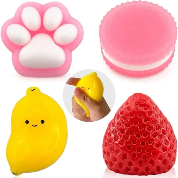 Taba Squishy Toys 4 Pack, Soft Sensory Fidget Squeeze Toys for Stress Relief, Kawaii Fufu Squishies for Kids & Adults, Party Favors, Goodie Bag