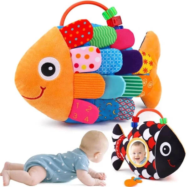 Baby Sensory Tummy Time Toys 0-6 Months Music Fish Toy for Newborn 3 4 5 6 Month Old Black and White High Contrast Infant Toys with Mirror Crinkle