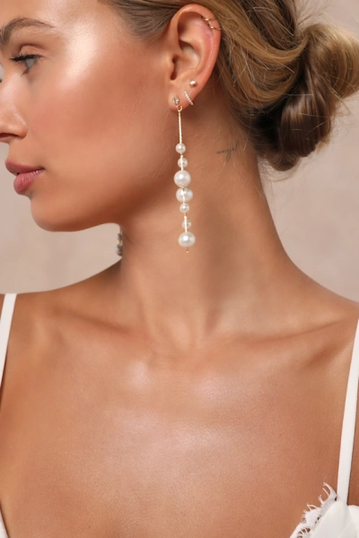 Exceedingly Elevated Gold Pearl Rhinestone Drop Earrings