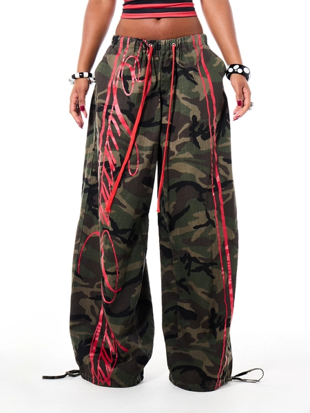 SUMWON WOMEN Wide Leg Camouflage Cargo Pants With Red Drawstring Waist And Artistic Graffiti Detail Full Length Baggy Fit