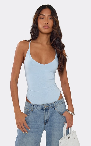 Strappy Cross Back Detail Bodysuit In Baby Blue Slinky