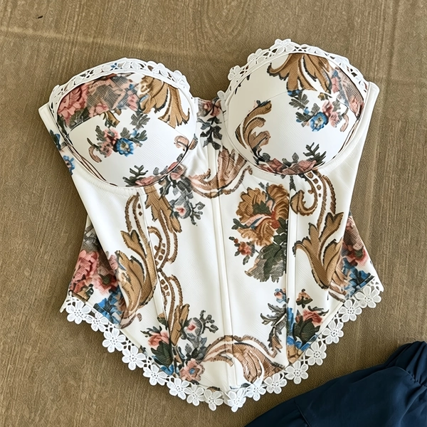 Elegant Floral Print Top, Elegant Women'S Clothing, Women'S Tight Bustier, Floral Print Back Tie Off-Shoulder Sexy Short Vest Suitable for Valentine'S Day Party Date Beach Seaside, Women'S Spring Summer New Top, Music Festival Carnival Costume