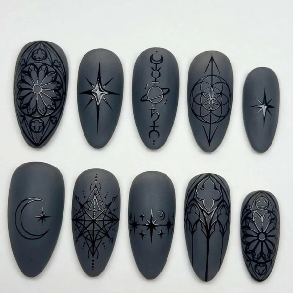 Handmade Press On Nails | Dark Gothic Cathedral | Black Matte Celestial Sigil Set
