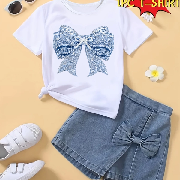 [Bow Print T-Shirt] Casual Bow Print Short-Sleeved T-Shirt for Girls (One Top Only, Bottoms Not Included), Soft and Comfortable Round Neck Top for Girls, Casual, Stylish and Versatile, Suitable for Casual Attire and Outdoor Activities, Teenage Clothing