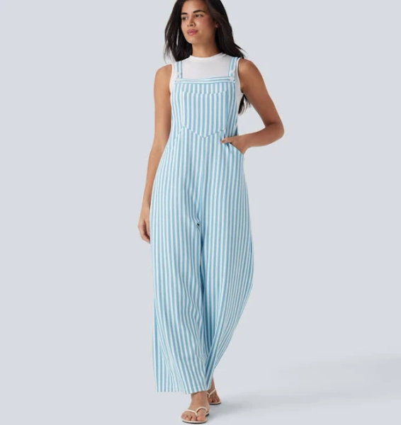 Halara Pockets Stripe Waffle Overalls