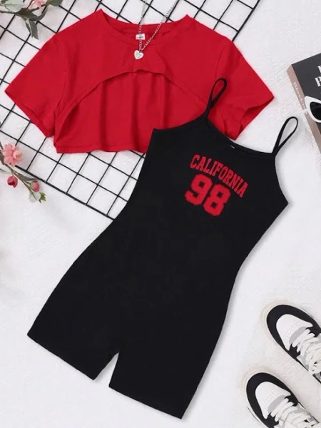 SHEIN Teen Girl Asymmetrical Hem Short Sleeve Letter Print T-Shirt and Cami Playsuit