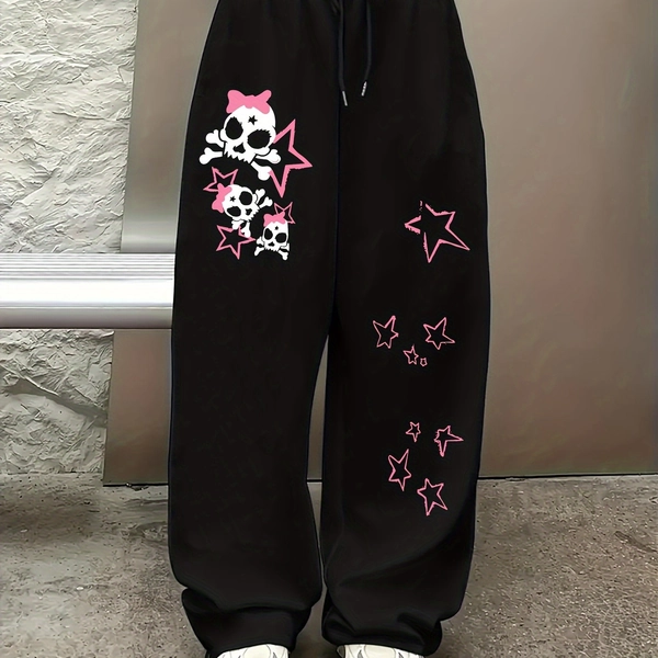Plus Size - 1pc Women'S Gothic Pink & Black Skull & Star Print Joggers - Stretchy Straight-Leg Pants with Pink Bow Skulls, All-Over Gothic Design