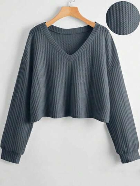 SHEIN Unity Women's Drop Shoulder V-Neck Long Sleeve T-Shirt Fall Cloth For Women