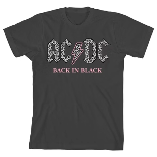 AC/DC Back In Black Gray Leopard Print Logo Crew Neck Short Sleeve Girl's Black T-shirt-Medium