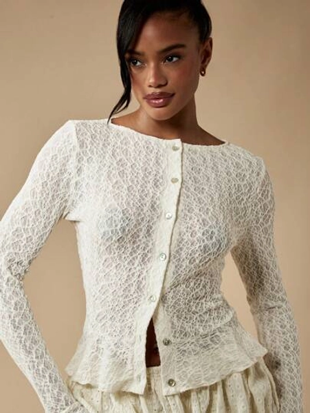 MISSGUIDED Luxury Crochet Lace Cardigan Long Sleeve Peplum Button Up Holiday Wedding Sweater Spring Summer Layering Top Fall Fashion