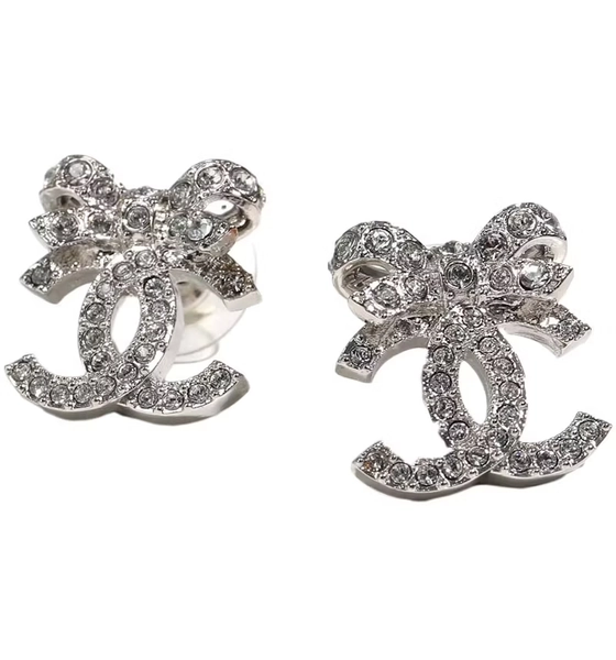 Chanel Bow Tie CC Logo Earrings Silver (ABA922)