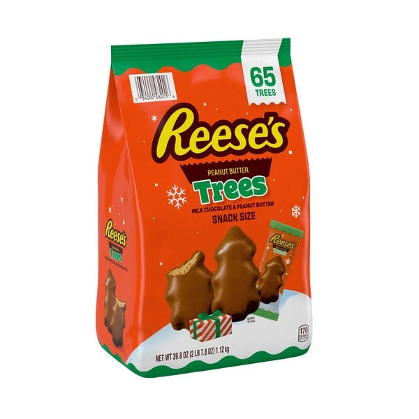 Reese's Milk Chocolate Snack Size Peanut Butter Trees, Christmas Candy Bulk Bag, 39.8 oz (65 Pieces)