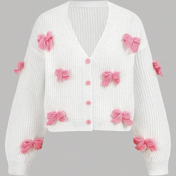 SHEIN Junior Girls Bow V Neck Long Sleeve Acrylic Cardigan