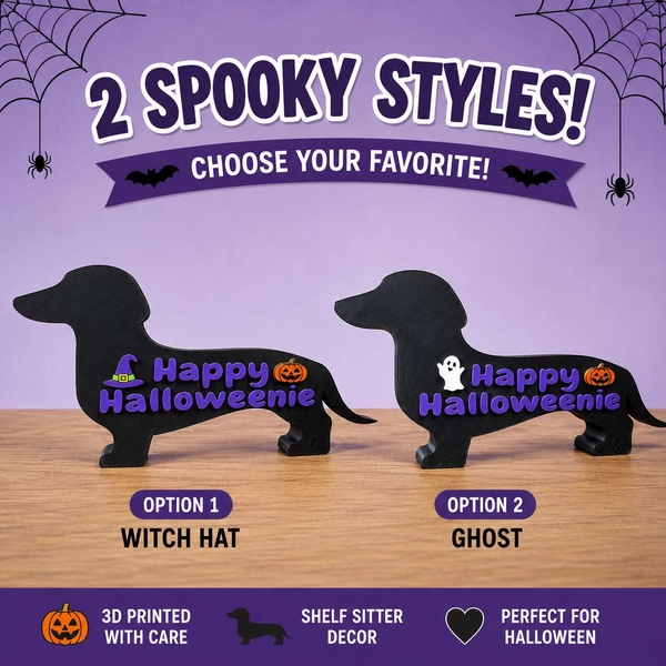 Halloween Dachshund Shelf Sitter, Wiener Dog Decor, Halloweenie Sign, Ghost or Witch Hat