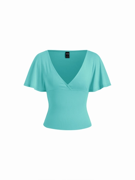 Knit Fabric Cotton-blend V-neck Surplice Bell Sleeve Top For Daily Casual Date