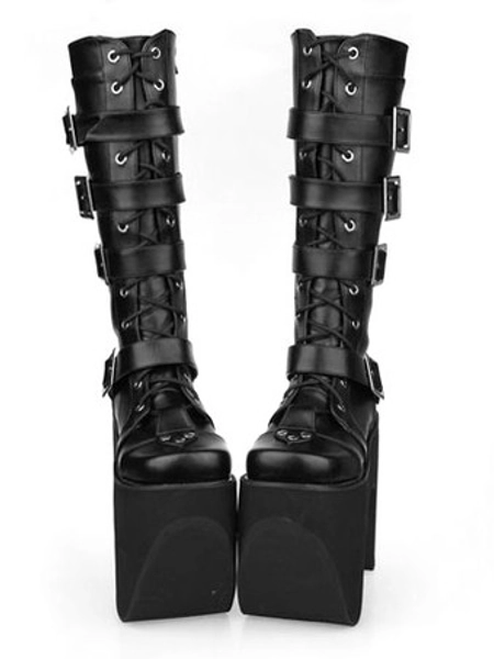 Lolitashow Gothic Punk Black Thick Sole Buckle PU Leather Platform Round Toe Multiple Buckles Lolita Boots