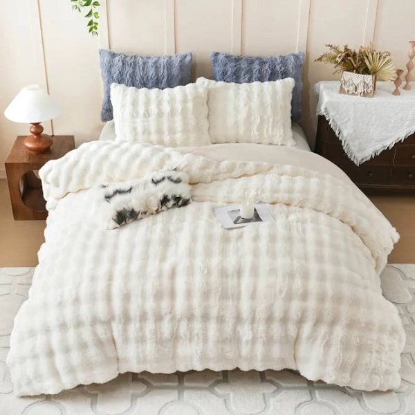 Bleum Cade 3 Fluffy Comforter Set Size,Fuzzy Soft Faux Rabbit Fur Bedding Set,Shaggy Plush Duvet Cover Set with 2 Pillowcases