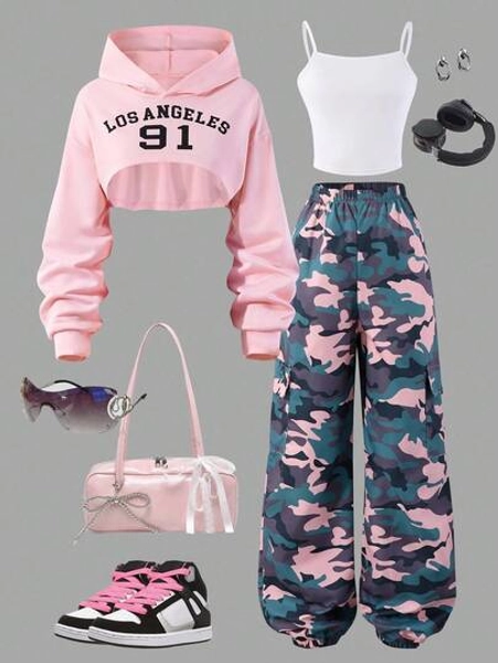 Sparklyn 3pcs/Set Camouflage Pattern Sweatshirt Top & Camisole & Drawstring Hem Casual Pants Set For Teenage Girls, Suitable For Spring/Autumn Daily Wear Fall Winter